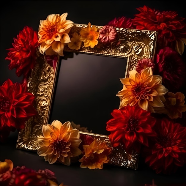 Photo frame with dahlia flowers on black background selective focus