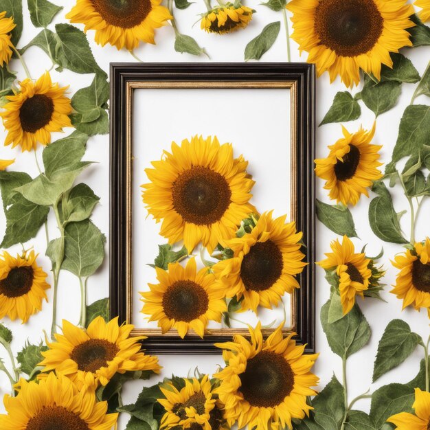 Photo frame with sunflowers on borders on white background