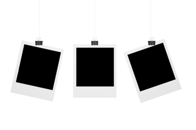 Photo frames hang on a rope fixed with stationery clothespins Three empty photo frames for your design 3d render