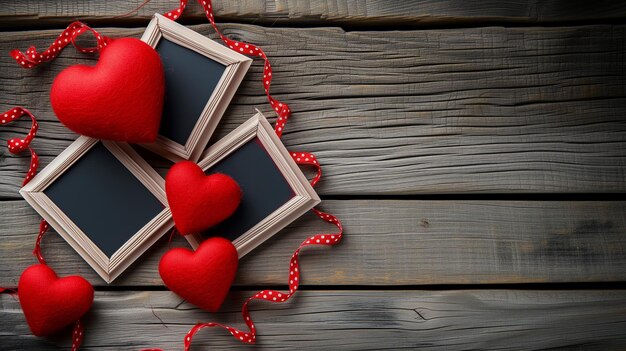 Photo frames and hearts on a grey wooden background Top view with copy space