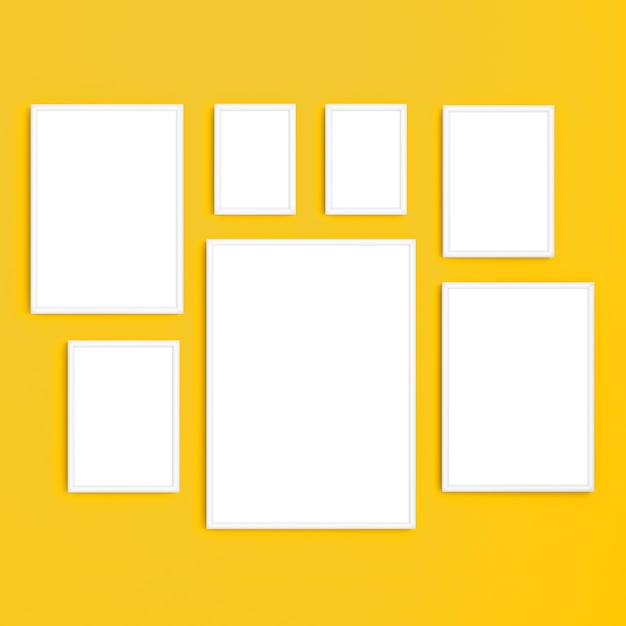 Photo frames mockup gallery on yellow background