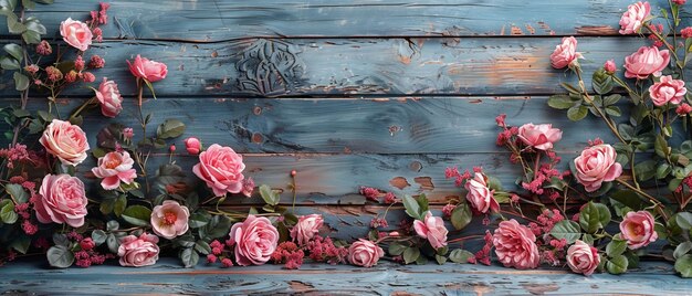 Photo frames pink roses and an ornament on a background of shabby wooden planks Copy space available