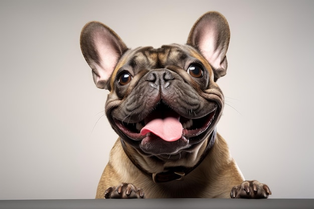 Foto foto di un bulldog francese con un grande sorriso contagioso su uno sfondo bianco pulito ai generativa