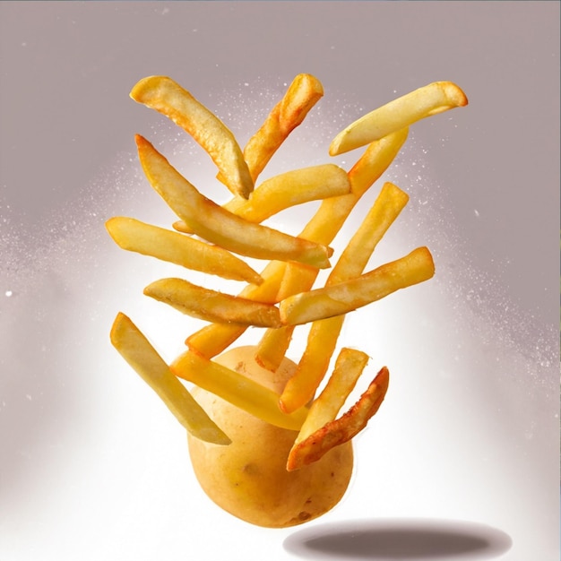 photo french fries levitate on a white background