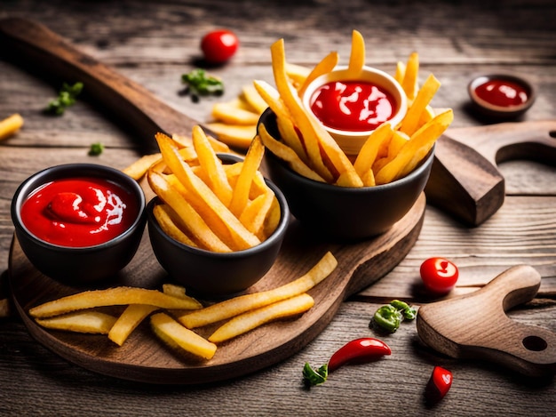 Photo photo french fries with ketchup on wood table