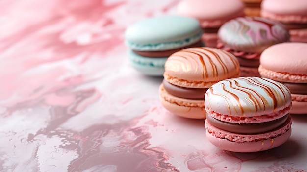 Photo of french macarons with hand painted designs and metallic accen banner ads design layout art