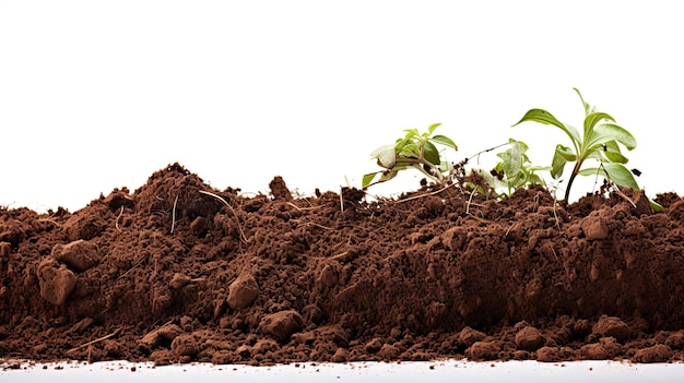 Фотография свежей коричневой грязи с компостом, изолированной на белом в нижней части горизонтальной рамки