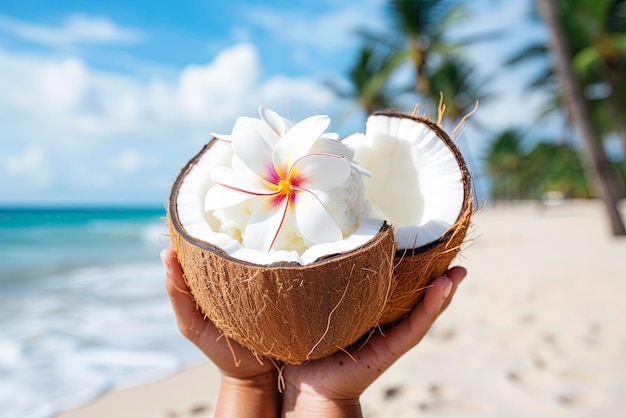 Photo photo fresh coconut in hand with plumeria decorated on beach with sea wave tourist with fresh fru