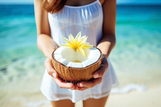 Photo fresh coconut in hand with plumeria decorated on beach with sea wave tourist with fresh fru