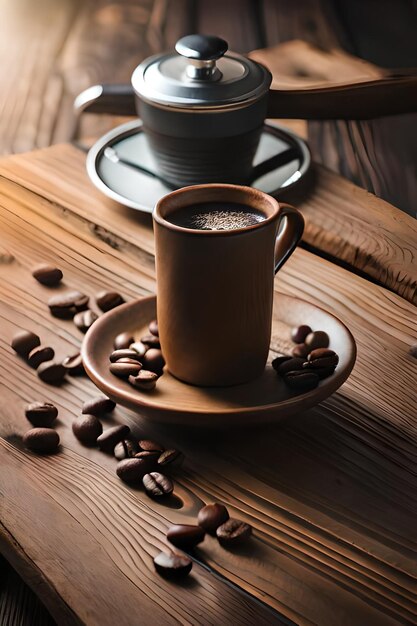 Photo fresh coffee steams on wooden table close up