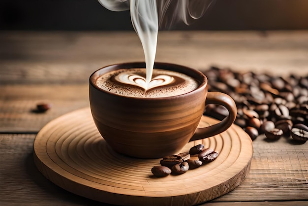 photo fresh coffee steams on wooden table close up