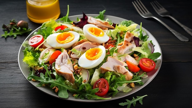Photo of fresh eggs and chicken salad with turkey