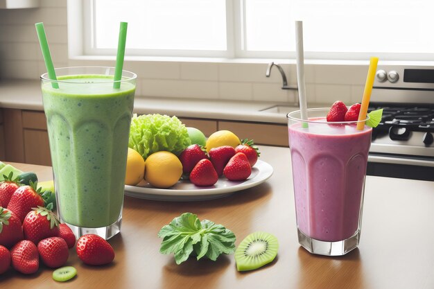 Photo fresh fruits and vegetable smoothie on kitchen table in glass