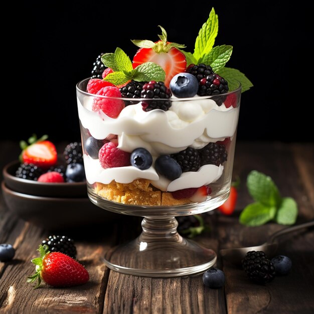 photo fresh fruity dessert on a wooden table