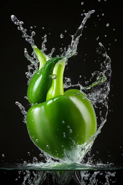 Photo fresh green bell pepper falling into the water with a splash and air bubble with black backgro