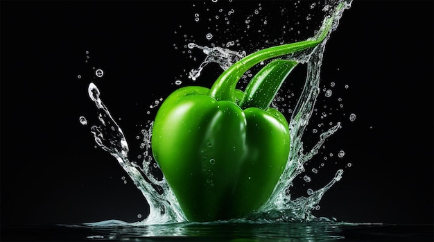 Photo fresh green bell pepper falling into the water with a splash and air bubble with black backgro
