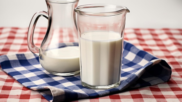 新鮮なミルクジャグとグラスの写真