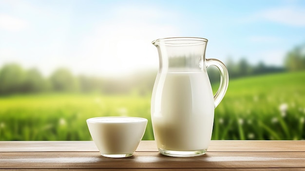 Photo of fresh milk jug and glass