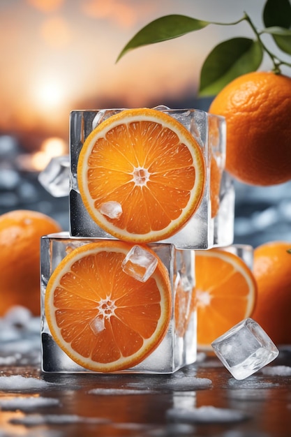 Фото свежий апельсин на кубиках льда