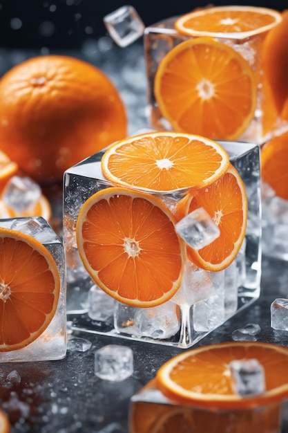 photo fresh Orange on ice cubes