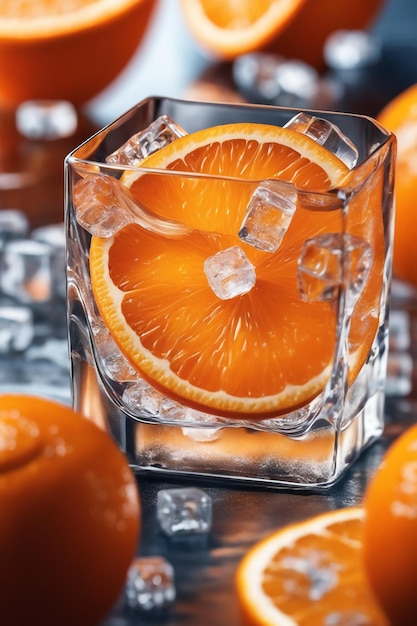 사진: 얼음 큐브에 담긴 신선한 오렌지