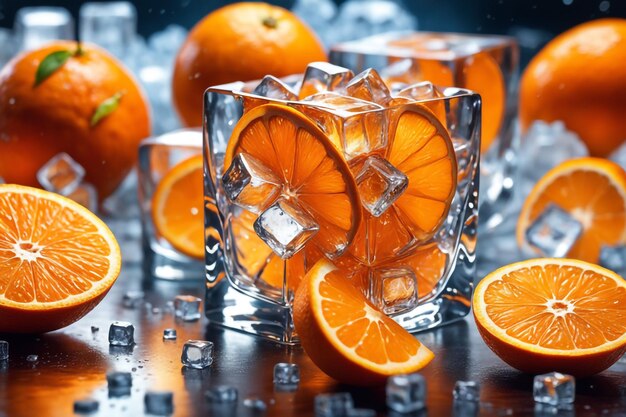 Photo photo fresh orange on ice cubes