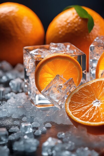 Photo photo fresh orange on ice cubes