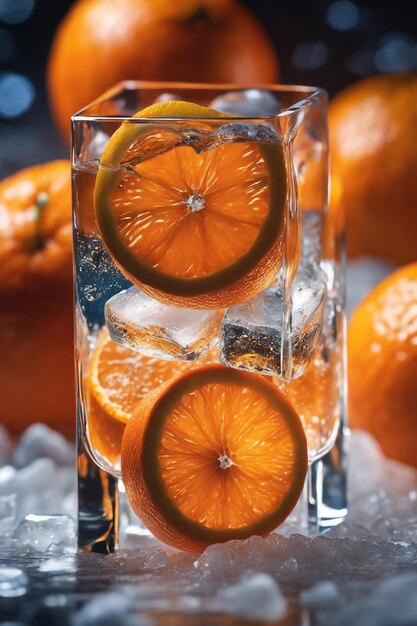 photo fresh Orange on ice cubes