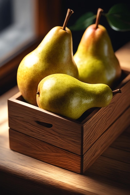 Фото Фото свежая груша в деревянной коробке на столе здоровый пищевой фон