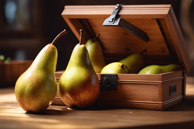фото свежая груша в деревянной коробке на столе, фоне здорового питания