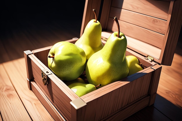 photo fresh pear in wooden box on a tabel healthy food background