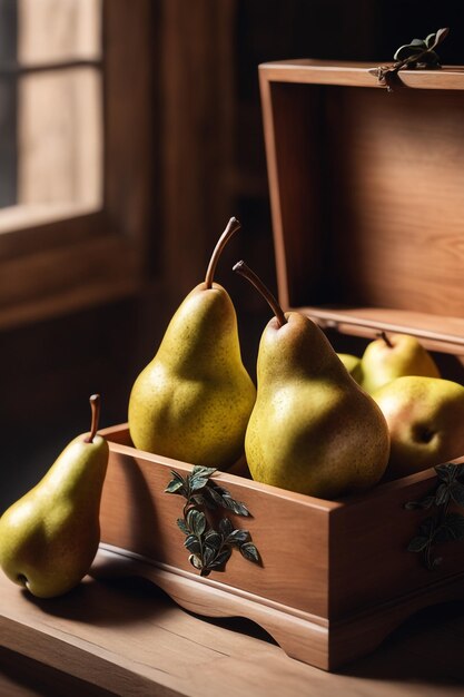 photo fresh pear in wooden box on a tabel healthy food background