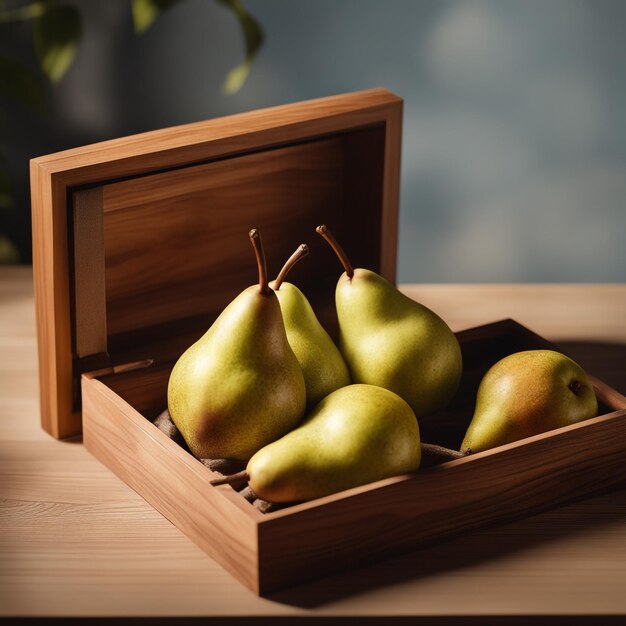 photo fresh pear in wooden box on a tabel healthy food background