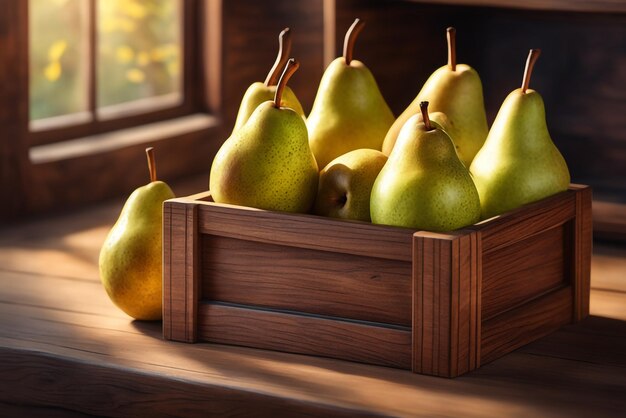 Foto foto di pera fresca in una scatola di legno su uno sfondo di cibo sano