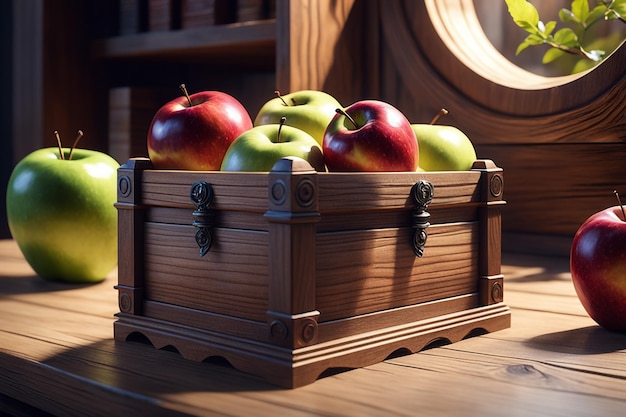 photo fresh tasty apple in wooden basket background on table