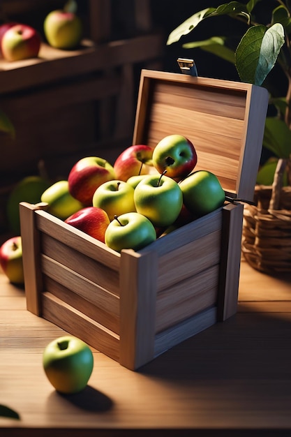 photo fresh tasty apple in wooden basket background on table