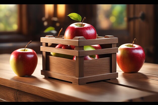 Photo fresh tasty apple in wooden basket background on table