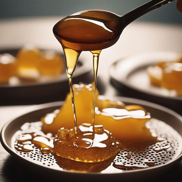 photo fresh yellow organic honey dripping from spoon generated by AI