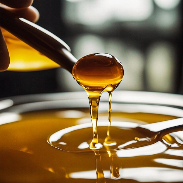 AI가 생성한 숟가락에서 떨어지는 신선한 노란색 유기농 꿀 사진