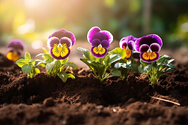 Photo photo of freshly planted pansies in a garden bed spring flowers