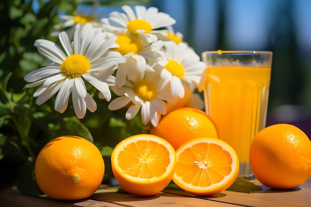 Photo of freshly squeezed orange juice in a glass on a