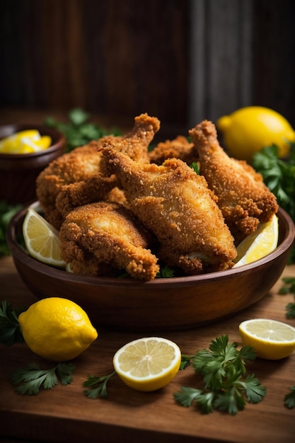 Photo fried chicken legs with lemon and parsley