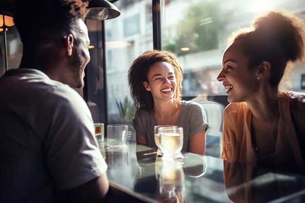 友達がカップからコーヒーを飲み暖かく迎する生活の話を交換する写真