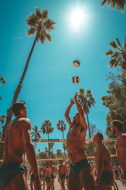 Photo photo of friends having a game of beach volleyball on a sunny day in festival holiday concept
