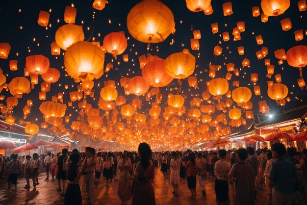 Photo friends releasing colorful lanterns into the night sky symbolizing their wishes and dreams