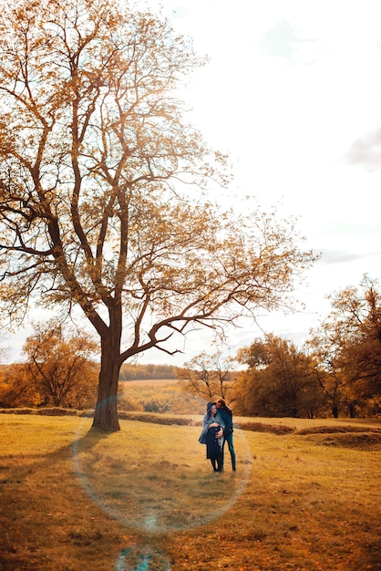 Photo from afar of a couple walking in park