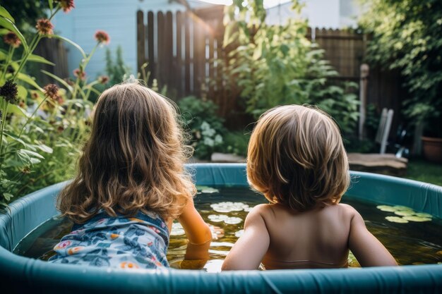 写真 裏庭のプールで遊んでいる兄弟姉妹の後ろからの写真