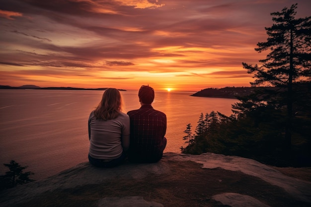 Photo from behind of a couple watching a scenic sunset