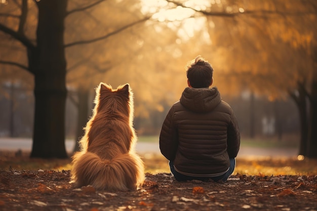 공원에서 놀고 있는 개와 그 주인의 뒤에서 찍은 사진