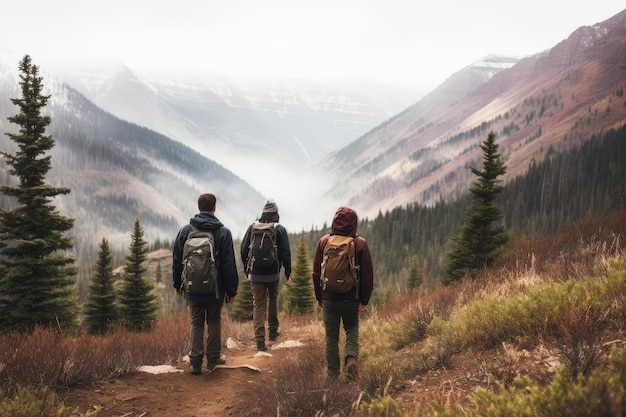 Photo from behind of friends hiking in the mountains